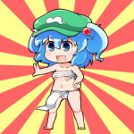  &gt;:d 1girl :d blue_eyes blue_hair blush budget_sarashi cabbie_hat chibi commentary fundoshi hair_bobbles hair_ornament hand_on_hip hat highres jinnouchi_akira kawashiro_nitori loincloth macedonian_flag navel open_mouth sarashi short_hair smile solo sunburst touhou two_side_up underwear underwear_only 