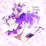  1girl animal_ears armpits black_legwear boots bow cat_ears cat_tail character_name frills full_body hair_bow jumping kagami_chihiro kneehighs long_hair looking_at_viewer magical_girl original precure purple purple_bow purple_hair purple_skirt skirt smile solo tail violet_eyes white_boots wrist_cuffs 