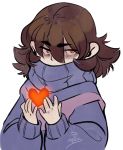  androgynous bags_under_eyes brown_hair dark_persona frisk_(undertale) glowing heart hidden_mouth kayla_marquez orange_eyes signature simple_background solo striped striped_sweater sweater tagme turtleneck undertale upper_body white_background 