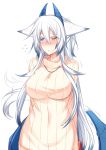 1girl animal_ears arms_behind_back blue_eyes blue_hair blush breasts dragon_horns dragon_tail ear_blush flying_sweatdrops fox_ears gift gradient_hair heterochromia holding holding_gift horns konshin large_breasts long_hair looking_away multicolored_hair nervous orange_eyes orie_hakua pixiv_fantasia pixiv_fantasia_new_world solo tail tail_wagging very_long_hair white_background white_hair