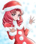  1girl akagi_towa arudebido christmas coat go!_princess_precure hat highres long_hair looking_at_viewer pom_pom_(clothes) precure red_eyes red_hat redhead santa_hat smile solo 