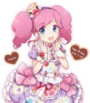  1girl aikatsu! amahane_madoka blue_eyes chocolate chocolate_heart dress earrings food_themed_clothes frilled_dress frills hair_ornament heart highres jewelry maki_(natoriumu) open_mouth pink_hair print_dress puffy_short_sleeves puffy_sleeves short_sleeves smile solo twintails valentine wrist_cuffs 