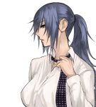  1girl adjusting_necktie blue_hair breasts dress_shirt large_breasts long_hair necktie original pepe_(jonasan) ponytail print_necktie profile ruuko-san shirt solo upper_body 