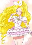  1girl blonde_hair bow braid brooch choker cowboy_shot cure_rhythm earrings frilled_skirt frills green_eyes hair_bow jewelry kagami_chihiro long_hair looking_at_viewer magical_girl minamino_kanade one_eye_closed precure skirt smile solo suite_precure white_bow white_skirt wrist_cuffs 