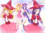  4girls :d asahina_mirai black_boots black_gloves black_hat blonde_hair boots bow capelet cowboy_shot cure_magical cure_miracle dual_persona elbow_gloves full_body gem gloves hair_bow half_updo hat highres holding_hands izayoi_liko knee_boots long_hair looking_at_viewer magical_girl mahou_girls_precure! mini_hat mini_witch_hat miyoshi_(miyomiyo_344) multiple_girls open_mouth pink_hat pink_skirt plaid plaid_bow ponytail precure purple_skirt red_bow red_hat short_hair skirt smile sparkle standing violet_eyes white_boots white_gloves witch_hat 