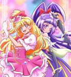  2girls absurdres arudebido asahina_mirai black_gloves black_hat blonde_hair blush bow cowboy_shot cure_magical cure_miracle elbow_gloves frills gloves hair_bow half_updo hat highres izayoi_liko long_hair looking_at_viewer magical_girl mahou_girls_precure! mini_hat mini_witch_hat multicolored_background multiple_girls pink_bow pink_hat pink_skirt ponytail precure red_bow skirt smile violet_eyes white_gloves witch_hat 