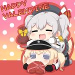  4koma bag blonde_hair cape closed_eyes comic commentary_request english epaulettes food food_in_mouth graf_zeppelin_(kantai_collection) grey_eyes hair_ribbon hat heart_shape kantai_collection kashima_(kantai_collection) military military_uniform peaked_cap puchimasu! ribbon silver_hair sitting sitting_on_person tail translation_request twintails uniform valentine yuureidoushi_(yuurei6214) 