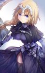  1girl armor armored_dress belt black_legwear blonde_hair blue_eyes blurry braid breastplate breasts capelet chain closed_mouth cowboy_shot depth_of_field fate/apocrypha fate/grand_order fate_(series) faulds gauntlets headpiece highres holding_weapon large_breasts long_hair looking_at_viewer ruler_(fate/apocrypha) single_braid solo sword tare_nu_(usesase) thigh-highs weapon 