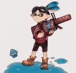  blue_hair boots brown_boots domino_mask goggles goggles_on_head green_eyes inkling maekakekamen mask paint plaid plaid_shirt pointy_ears shirt shorts splatoon squid super_soaker tentacle_hair tied_hair 