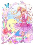  1girl :d arm_up asahina_mirai bird blonde_hair boots bow butterfly candy card cure_miracle flower food fruit full_body gloves hair_bow half_updo happy hat knee_boots long_hair magical_girl mahou_girls_precure! mini_hat mini_witch_hat naokado open_mouth pink_bow pink_hat pink_skirt playing_card ponytail precure rainbow red_bow skirt smile solo strawberry violet_eyes white_boots white_gloves witch_hat 