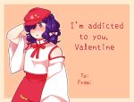  1girl blush commentary detached_sleeves dolls_in_pseudo_paradise english floral_print hand_behind_head hat looking_away nekolina open_mouth purple_hair solo sweat touhou valentine violet_eyes 
