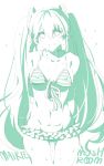  1girl absurdres arms_behind_back artist_name bikini breasts covered_nipples front-tie_top groin hatsune_miku highres long_hair marie_mushroom monochrome navel smile solo striped striped_bikini striped_bikini_top sweat swimsuit twintails vocaloid 