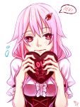  1girl blush chocolate chocolate_heart english flying_sweatdrops fyu-neru guilty_crown hair_ornament hairclip heart highres long_hair looking_at_viewer pink_hair red_eyes solo twintails valentine xuse_air yuzuriha_inori 