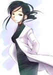  1girl black_hair bodysuit coat ebifly female hands_in_pockets kabu_no_isaki labcoat line_shading lips long_hair looking_at_viewer open_clothes open_coat shiro_(kabu_no_isaki) sidelocks simple_background smile solo walking 