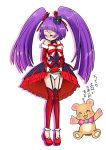  1girl bakusai bear black_hat blush bow closed_eyes creature cure_magical embarrassed full_body hair_bow hat izayoi_liko long_hair magical_girl mahou_girls_precure! mini_hat mini_witch_hat mofurun_(mahou_girls_precure!) panties precure purple_hair red_bow red_legwear red_shoes red_skirt ruby_style shoes skirt skirt_lift standing striped striped_bow thigh-highs thigh_strap twintails underwear white_background white_panties witch_hat 