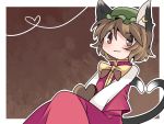  1girl :3 animal_ears brown_eyes brown_hair cat_ears cat_tail chen chocolate chocolate_heart commentary_request hammer_(sunset_beach) hat heart looking_at_viewer mob_cap short_hair solo tail touhou valentine 
