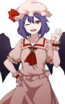  1girl ascot bat_wings blush fang hat hat_ribbon highres looking_at_viewer mob_cap one_eye_closed open_mouth puffy_sleeves purple_hair red_eyes remilia_scarlet ribbon shirt short_hair short_sleeves simple_background skirt smile solo terimayo touhou white_background wings wrist_cuffs 