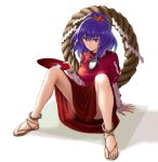  1girl ass dress looking_at_viewer mirror purple_hair red_dress red_eyes rope sakazuki shimenawa short_over_long_sleeves sitting solo spread_legs takemori_shintarou touhou yasaka_kanako 