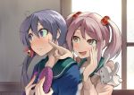  2girls akebono_(kantai_collection) blush cardigan hinami_(hinatamizu) kantai_collection multiple_girls open_mouth pink_eyes pink_hair purple_hair sazanami_(kantai_collection) school_uniform smile valentine violet_eyes 