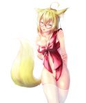  1girl :p ahoge animal_ears arm_at_side arm_behind_back blonde_hair blurry bokeh bow breasts cleavage depth_of_field fox_ears fox_tail glasses green_eyes hair_between_eyes hand_on_own_arm machin naked_ribbon original red-framed_glasses red_bow red_ribbon ribbon semi-rimless_glasses sideboob simple_background solo tail thigh-highs tongue tongue_out under-rim_glasses valentine white_background white_legwear 