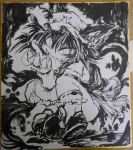  1girl animal_ears bogai chen fingernails hat ink_wash_painting jewelry long_fingernails long_sleeves long_tongue looking_at_viewer mob_cap multiple_tails sharp_teeth short_hair smile tail teeth tongue touhou traditional_media 