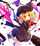  1girl adapted_costume alternate_color bangs blonde_hair blurry blush boots brown_boots brown_hat brown_ribbon brown_shirt brown_skirt brown_vest candy chocolate chocolate_bar chocolate_cake closed_mouth confetti crescent crystal curly_hair daimaou_ruaeru depth_of_field dripping eyelashes flandre_scarlet frilled_sleeves frills full_body hat hat_ribbon heart-shaped_box heart_print highres holding_gift laevatein long_hair looking_at_viewer mob_cap nail_polish one_side_up red_eyes red_lips red_nails ribbed_shirt ribbon shade shirt short_sleeves skirt skirt_set smile solo star touhou valentine wings wrist_cuffs 
