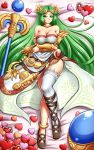  1girl absurdres anklet asymmetrical_footwear green_eyes green_hair highres hips jewelry kid_icarus long_hair looking_at_viewer lying mazume nintendo on_back palutena single_boot single_shoe single_thighhigh solo thigh-highs thighs very_long_hair 