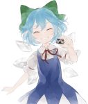  1girl ^_^ blue_dress blue_hair bow chocolate cirno closed_eyes dress hair_bow highres ice ice_wings incoming_gift puffy_short_sleeves puffy_sleeves shihou_(g-o-s) shirt short_sleeves smile solo touhou valentine wings 