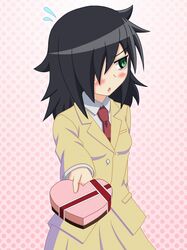  artist_request black_hair blush box_of_chocolates chocolate chocolate_heart green_eyes heart kuroki_tomoko looking_away simple_background sweatdrop tagme valentine watashi_ga_motenai_no_wa_dou_kangaetemo_omaera_ga_warui! 