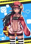  1girl black_hair bow chocolate chocolate_heart collarbone dark_skin elf hat heart heterochromia highres hime_cut long_hair looking_at_viewer mouth_hold pointy_ears shorts solo striped tattoo thigh-highs tsurime ugume zettai_ryouiki 