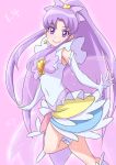 1girl bow brooch chocokin covered_navel cowboy_shot cure_fortune earrings elbow_gloves gloves hair_bow happinesscharge_precure! hikawa_iona innocent_form_(happinesscharge_precure!) jewelry layered_skirt long_hair looking_at_viewer magical_girl pink_background precure purple_bow purple_hair signature smile solo star star_earrings violet_eyes white_gloves 