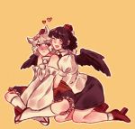  2girls animal_ears bird_wings black_hair blush closed_eyes commentary crossed_legs detached_sleeves geta hand_on_another&#039;s_head hat heart inubashiri_momiji multiple_girls open_mouth orz_(kagewaka) petting pom_pom_(clothes) red_eyes shameimaru_aya short_hair sitting touhou wavy_mouth white_hair wings wolf_ears yuri 