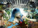 1girl animal arm_support beak bird birdcage blue_eyes blue_hair blue_ribbon blurry cage coca-cola collarbone depth_of_field expressionless feathers flower_pot hair_between_eyes half-closed_eyes hatsune_miku head_rest highres indoors looking_at_viewer neckerchief plant potted_plant ribbon sa&#039;yuki shirt short_sleeves simple_background soda_can solo table tree tsurime upper_body vocaloid white_background white_shirt wooden_table 