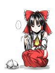  ... 1girl bare_shoulders black_eyes black_hair bow cat commentary_request detached_sleeves dress hair_bow hair_tubes hakurei_reimu hip_vent kuranosuke long_sleeves red_dress solo squatting touhou wide_sleeves 