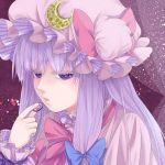  1girl ameya_nihachi colored_eyelashes crescent face hair_ribbon hat highres lavender_hair long_hair long_sleeves looking_at_viewer mob_cap open_mouth patchouli_knowledge portrait purple_background ribbon solo touhou tress_ribbon valentine violet_eyes 
