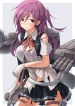  1girl blush bra breasts cannon gloves hagikaze_(kantai_collection) highres kantai_collection kuwachii long_hair machinery neck_ribbon pleated_skirt purple_bra purple_hair ribbon school_uniform shirt side_ponytail skirt torn_clothes torpedo turret underwear vest white_gloves yellow_eyes 