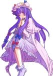  1girl book boots bow capelet crescent dress full_body hair_ribbon hat highres long_hair long_sleeves looking_at_viewer mi_ye_xi mob_cap open_mouth patchouli_knowledge purple_hair ribbon simple_background solo touhou tress_ribbon violet_eyes white_background wide_sleeves 