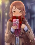  1girl blush box brown_eyes brown_hair gift gift_box houjou_karen idolmaster idolmaster_cinderella_girls long_hair monza scarf smile solo 