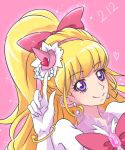  1girl asahina_mirai blonde_hair bow chocokin cure_miracle earrings gem gloves hair_bow hairband half_updo hat index_finger_raised jewelry long_hair looking_at_viewer magical_girl mahou_girls_precure! mini_hat mini_witch_hat pink_background pink_bow pink_hat ponytail precure smile solo upper_body violet_eyes white_gloves witch_hat 