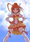  1girl ahoge bow brooch chocokin choker clouds cure_sunny gloves hair_bun hands_on_hips hino_akane_(smile_precure!) jewelry looking_at_viewer magical_girl orange_bow orange_hair orange_skirt precure red_eyes short_hair signature skirt sky smile smile_precure! solo thigh-highs white_gloves white_legwear 