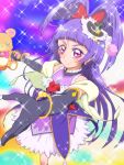  1girl bear black_gloves black_hat bow bracelet cowboy_shot creature cure_magical earrings elbow_gloves gloves hair_bow hat izayoi_liko jewelry long_hair looking_at_viewer mahou_girls_precure! mini_hat mini_witch_hat mofurun_(mahou_girls_precure!) multicolored_background precure purple_hair purple_skirt red_bow skirt smile sparkle tj-type1 violet_eyes witch_hat 