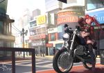  1girl city goggles motor_vehicle motorcycle original red_eyes redhead riding scenery segamark twintails vehicle 