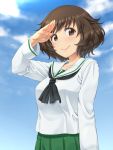  &gt;:) 1girl akiyama_yukari blush brown_eyes brown_hair girls_und_panzer looking_at_viewer salute school_uniform serafuku shikuta_maru short_hair smile solo 