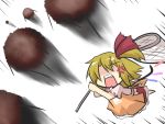  anger_vein apron arms blonde_hair butterfly_net fangs fleeing flying food frilled_sleeves frills gomasamune hair_ribbon hand_net legs meatball mikoto_freesia_scarlet open_mouth ribbon shaded_face shouting side_ponytail skirt touhou wings 