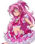  1girl absurdres alternate_hairstyle arudebido blue_eyes bow brooch choker cowboy_shot crop_top cure_melody earrings frilled_skirt frills hair_down highres houjou_hibiki jewelry long_hair looking_at_viewer magical_girl pink_bow pink_hair pink_skirt precure skirt smile solo suite_precure white_background wrist_cuffs 