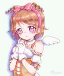  1girl angel_wings bow brown_hair collar corset dancing_stars_on_me! detached_sleeves drill_hair gloves hair_bow hairband highres koizumi_hanayo love_live!_school_idol_project miyuki_(0331874) signature solo sparkle upper_body violet_eyes white_gloves wings 