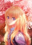  1girl blonde_hair cherry_blossoms lips long_hair miyazono_kawori necktie petals shigatsu_wa_kimi_no_uso smile solo violet_eyes wallacexi 