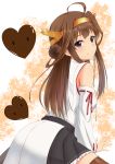  ass back bare_shoulders brown_hair chocolate chocolate_heart detached_sleeves double_bun hairband headgear heart highres japanese_clothes kantai_collection kongou_(kantai_collection) long_hair looking_back nontraditional_miko ribbon-trimmed_sleeves ribbon_trim skirt valentine ya_(pixiv_15923779) 