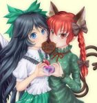  2girls animal_ears black_hair black_wings blue_eyes bow braid cape cat_ears cat_tail chocolate chocolate_heart dress fangs green_dress hair_bow hair_ribbon heart heart_hands kaenbyou_rin kirasagi_mikan long_hair long_sleeves looking_at_viewer mouth_hold multiple_girls multiple_tails puffy_sleeves red_eyes redhead reiuji_utsuho ribbon shirt short_sleeves simple_background skirt smile tail third_eye touhou twin_braids upper_body wings yellow_background 