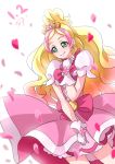  1girl blonde_hair bow chocokin cowboy_shot cure_flora earrings flower_earrings gloves go!_princess_precure green_eyes haruno_haruka jewelry long_hair magical_girl multicolored_hair petals pink_bow pink_hair pink_skirt precure puffy_sleeves skirt smile solo streaked_hair two-tone_hair white_background white_gloves 